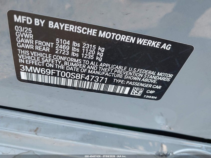 2025 BMW 3er VIN 3MW69FT00S8F47371 IAAI salvage auction — FRONT END, Salvage Title, sold $7,150 on 2026-08-24 (photo 9)