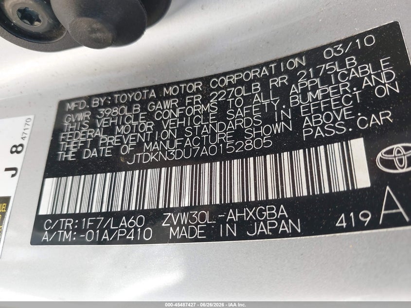 2010 Toyota Prius VIN JTDKN3DU7A0152805 IAAI salvage auction — RIGHT FRONT, Clear (Virginia), sold $1,500 on 2026-07-15 (photo 9)