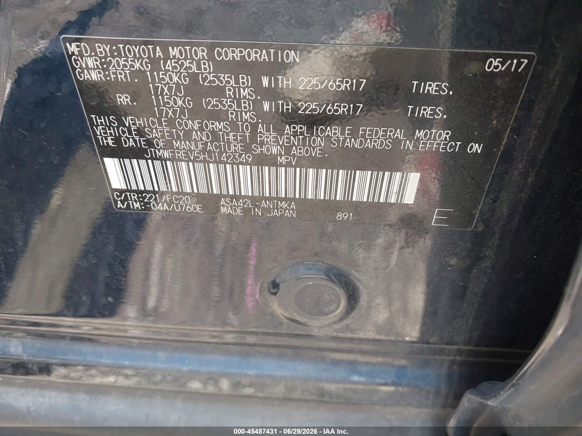2017 Toyota Rav 4 VIN JTMWFREV5HJ142349 IAAI salvage auction — RIGHT FRONT, Salvage Title, sold $5,500 on 2026-07-31 (photo 9)