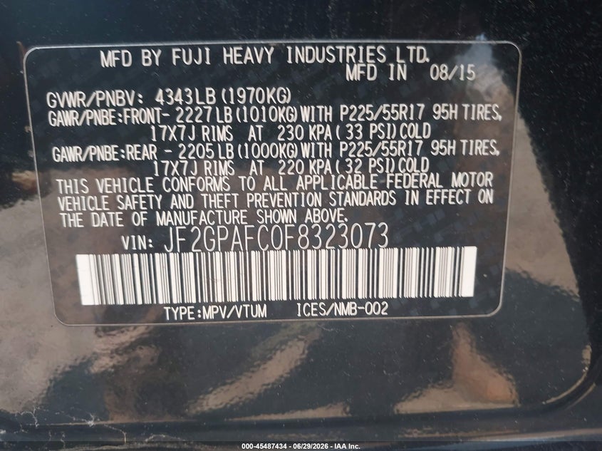2015 Subaru Xv VIN JF2GPAFC0F8323073 IAAI salvage auction — REAR END, Clear (Massachusetts), sold $3,450 on 2026-07-09 (photo 9)