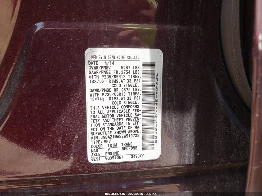 2014 Nissan Murano VIN JN8AZ1MW8EW519739 IAAI salvage auction — REPOSSESSION, Clear-Dealer Only (North Carolina), sold $1,425 on 2026-07-06 (photo 9)