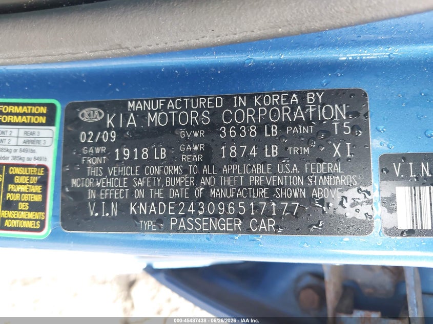 2009 Kia Rio VIN KNADE243096517177 IAAI salvage auction — SIDE, Salvage (Pennsylvania), sold $400 on 2026-07-14 (photo 9)