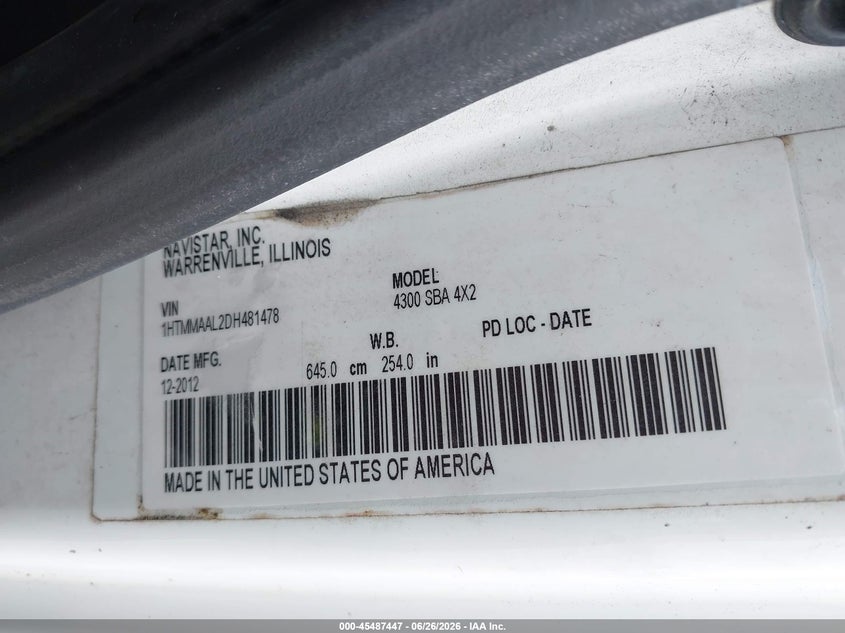 2013 International VIN 1HTMMAAL2DH481478 IAAI salvage auction — MECHANICAL, Enterprise Vehicles Clear Only (Florida), sold $475 on 2026-07-09 (photo 8)
