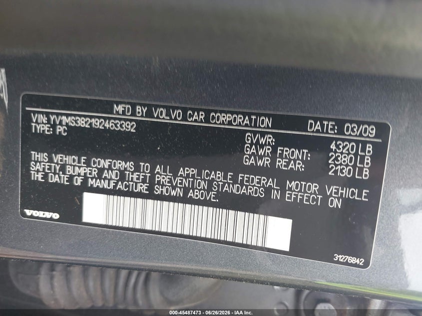 2009 Volvo S40 VIN YV1MS382192463392 IAAI salvage auction — NORMAL WEAR, Clear (New York), sold $1,150 on 2026-07-07 (photo 9)