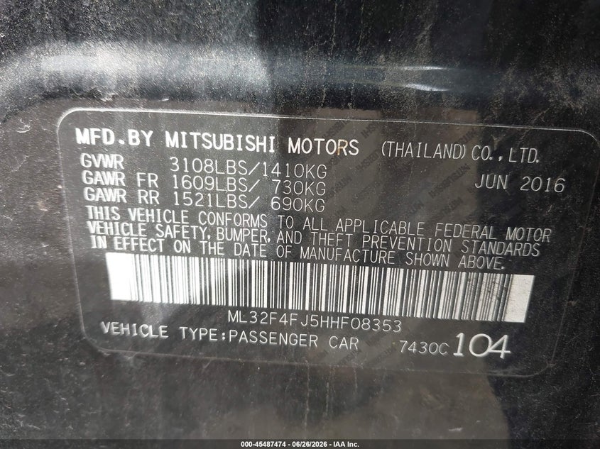 2017 Mitsubishi Mirage VIN ML32F4FJ5HHF08353 IAAI salvage auction — ROOF, Salvage (Pennsylvania), sold $900 on 2026-07-12 (photo 9)