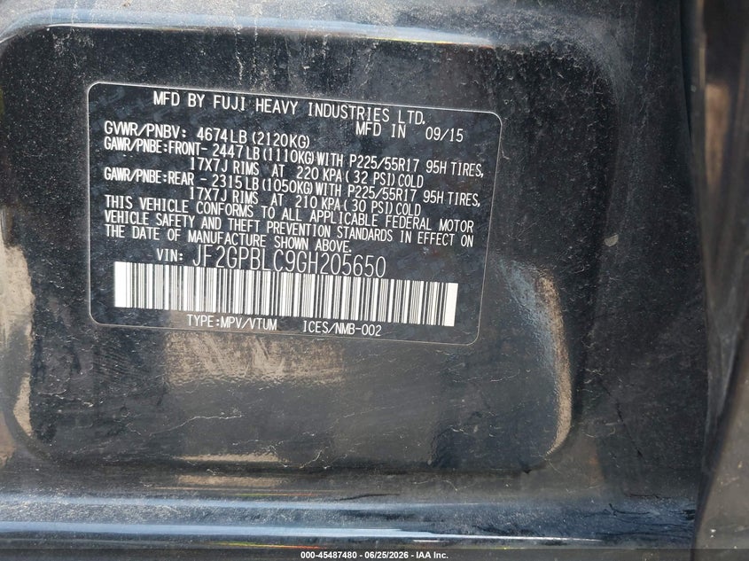 2016 Subaru Xv VIN JF2GPBLC9GH205650 IAAI salvage auction — FRONT END, Salvage (Ohio), sold $1,500 on 2026-07-20 (photo 9)