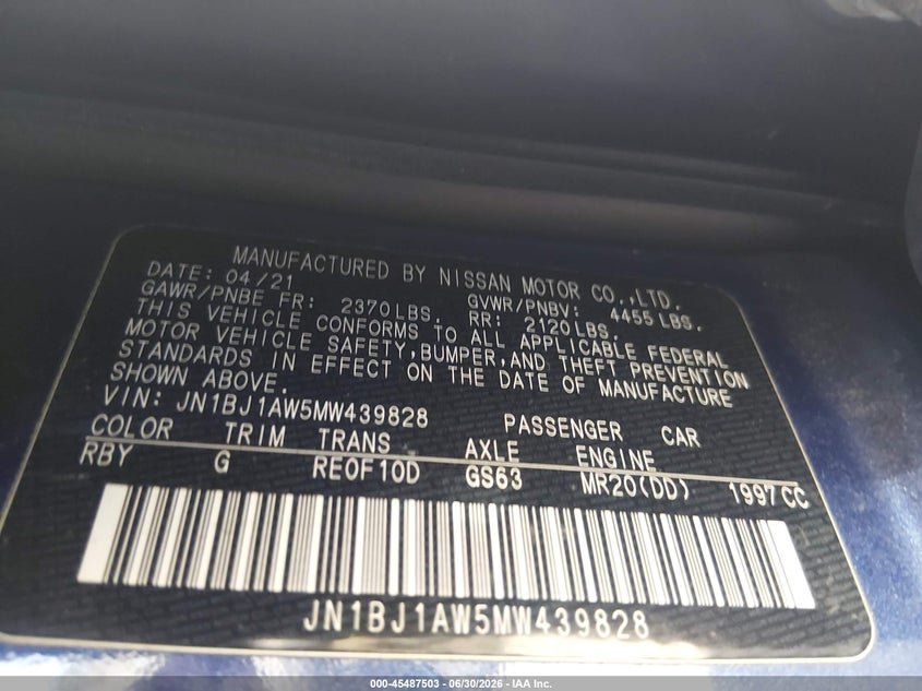 2021 Nissan Rogue VIN JN1BJ1AW5MW439828 IAAI salvage auction — FRONT END, Salvage (South Carolina), sold $2,600 on 2026-08-02 (photo 9)