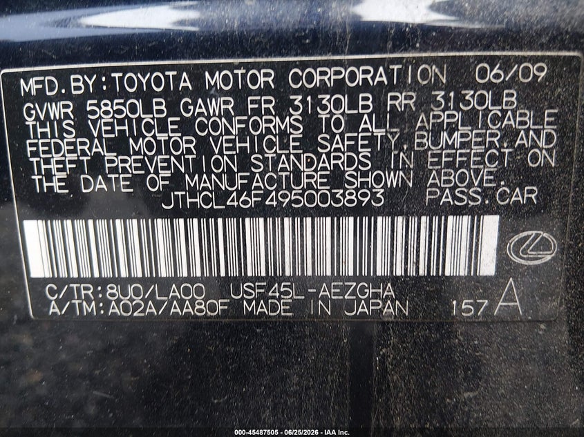 2009 Lexus Ls VIN JTHCL46F495003893 IAAI salvage auction — NORMAL WEAR, Clear (Virginia), sold $950 on 2026-07-21 (photo 9)