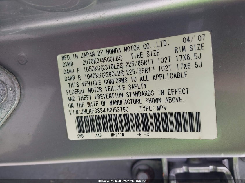2007 Honda Cr-v VIN JHLRE38347C053790 IAAI salvage auction — NORMAL WEAR, Clear (Florida), sold $1,150 on 2026-07-08 (photo 9)