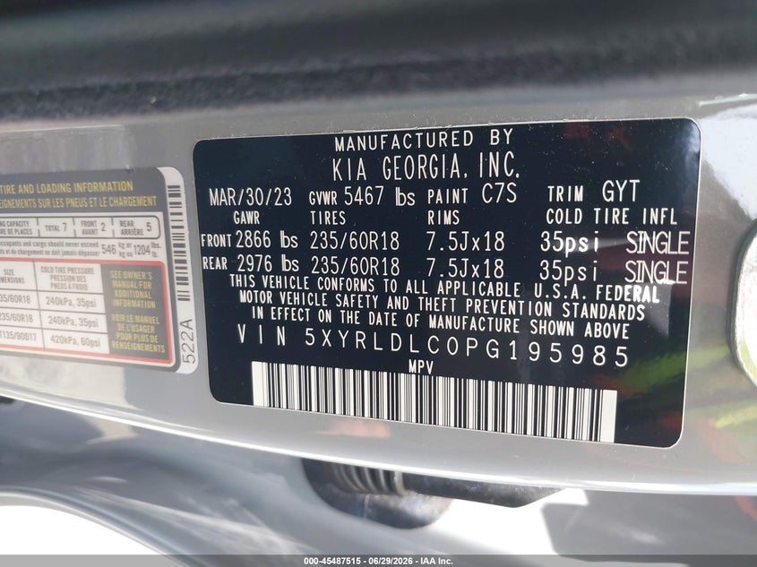 2023 Kia Sorento VIN 5XYRLDLC0PG195985 IAAI salvage auction — REAR END, Salvage Title, sold $12,725 on 2026-07-17 (photo 9)