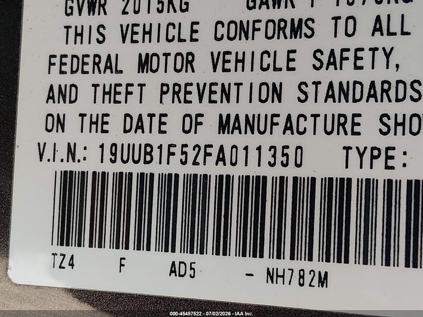 2015 Acura Tlx VIN 19UUB1F52FA011350 IAAI salvage auction — LEFT FRONT, Clear (Massachusetts), sold $1,800 on 2026-07-09 (photo 9)