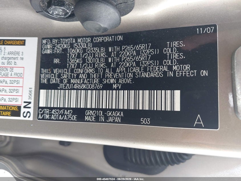 2008 Toyota 4runner VIN JTEZU14R68K008769 IAAI salvage auction — RIGHT SIDE, Salvage (South Carolina), sold $5,400 on 2026-08-01 (photo 9)