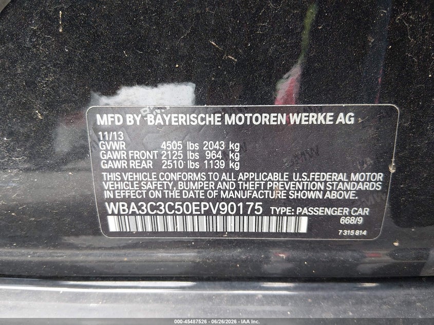 2014 BMW 3er VIN WBA3C3C50EPV90175 IAAI salvage auction — FRONT END, Salvage (New Jersey), sold $1,375 on 2026-08-17 (photo 9)