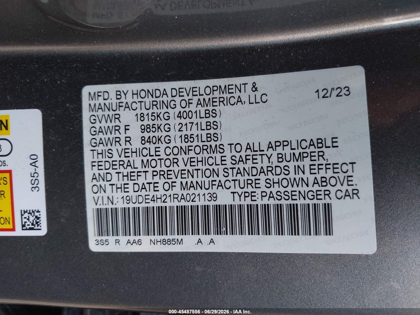 2024 Acura Integra VIN 19UDE4H21RA021139 IAAI salvage auction — FRONT END, Wait Title, sold $7,800 on 2026-09-08 (photo 9)
