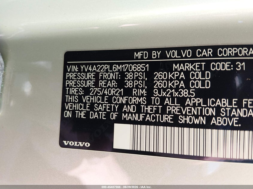 2021 Volvo Xc90 VIN YV4A22PL6M1706851 IAAI salvage auction — SIDE, Salvage Title, sold $15,000 on 2026-07-31 (photo 9)