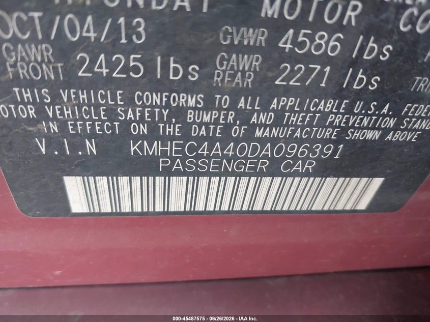 2013 Hyundai Sonata VIN KMHEC4A40DA096391 IAAI salvage auction — NORMAL WEAR, Clear (Idaho), sold $800 on 2026-07-29 (photo 9)