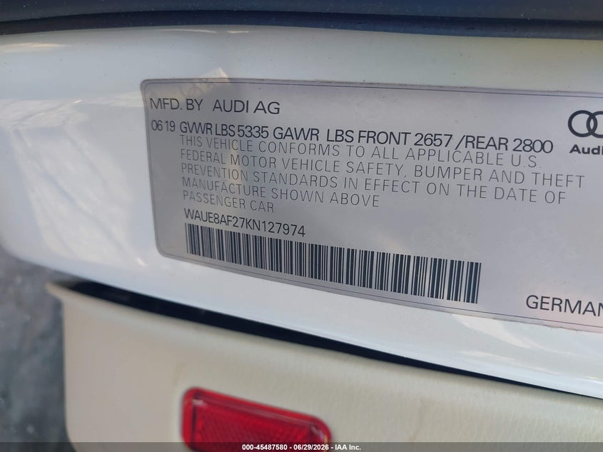 2019 Audi A6 VIN WAUE8AF27KN127974 IAAI salvage auction — LEFT SIDE, Salvage (Georgia), sold $10,900 on 2026-09-09 (photo 9)
