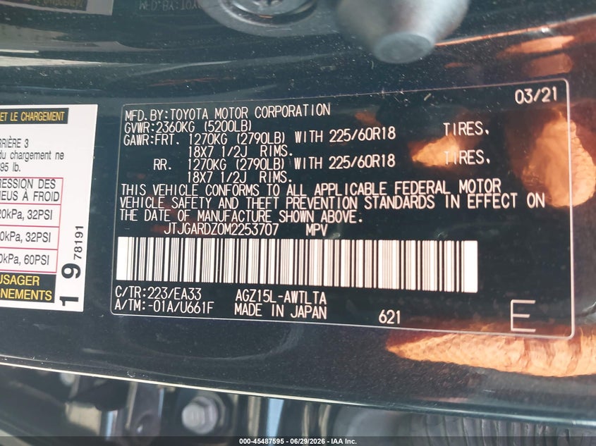 2021 Lexus Nx VIN JTJGARDZ0M2253707 IAAI salvage auction — SIDE, Salvage (Pennsylvania), sold $12,700 on 2026-07-24 (photo 9)