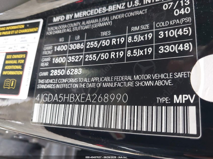 2014 Mercedes-benz M-klasse VIN 4JGDA5HBXEA268990 IAAI salvage auction — NORMAL WEAR, Clear (Virginia), sold $2,425 on 2026-07-20 (photo 9)