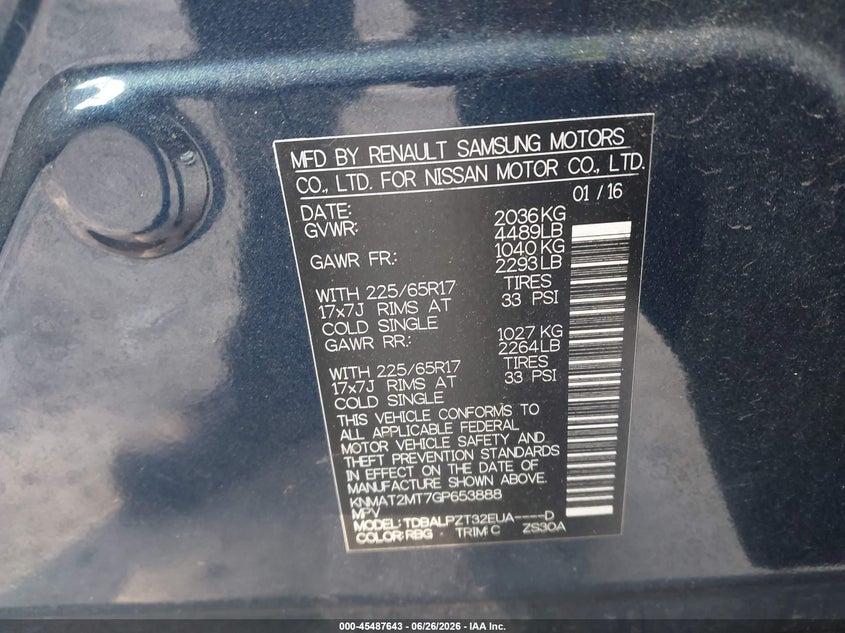 2016 Nissan Rogue VIN KNMAT2MT7GP653888 IAAI salvage auction — REAR END, Salvage (Georgia), sold $725 on 2026-07-24 (photo 9)