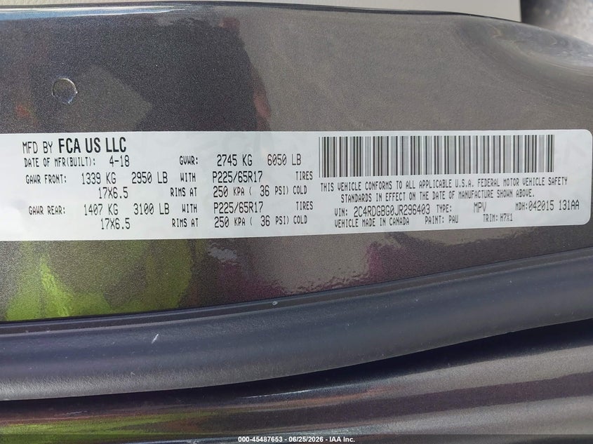 2018 Dodge Grand caravan VIN 2C4RDGBG0JR296403 IAAI salvage auction — NORMAL WEAR, Sf97 (Minnesota), sold $10,750 on 2026-08-11 (photo 9)