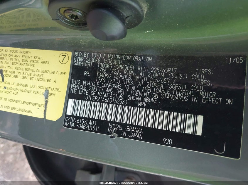 2006 Toyota Highlander VIN JTEEP21A660152583 IAAI salvage auction — REAR END, Salvage (Virginia), sold $1,250 on 2026-07-12 (photo 9)