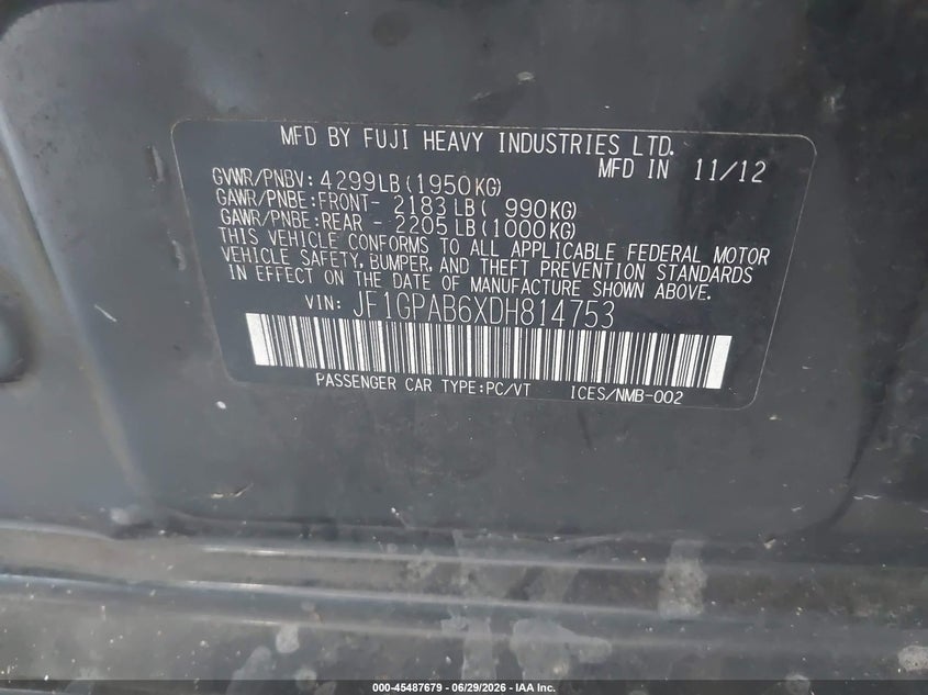 2013 Subaru Impreza VIN JF1GPAB6XDH814753 IAAI salvage auction — NORMAL WEAR, Clear (Florida), sold $1,200 on 2026-07-29 (photo 9)