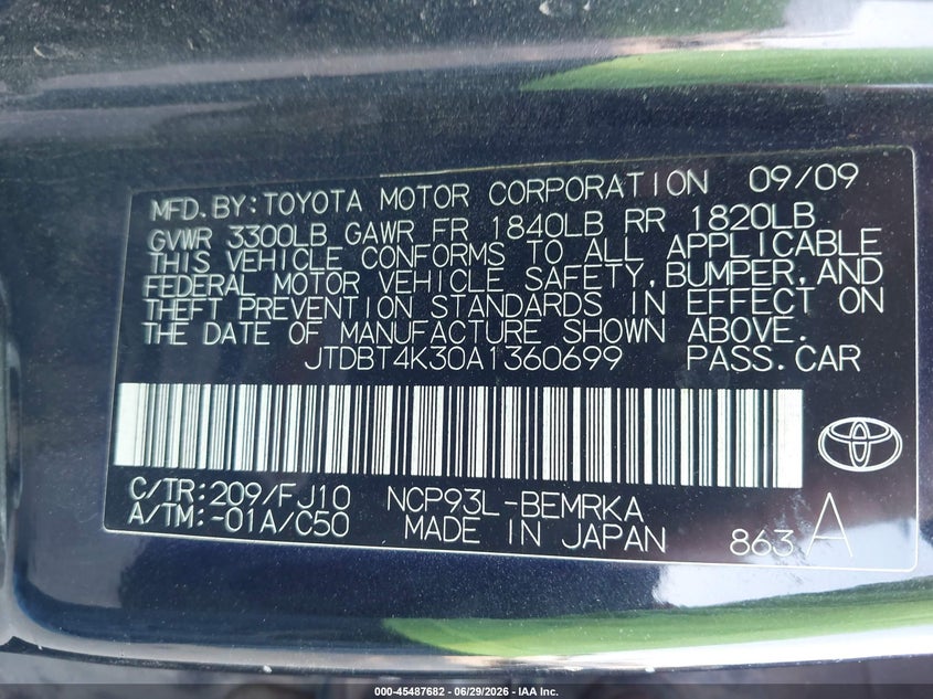 2010 Toyota Yaris VIN JTDBT4K30A1360699 IAAI salvage auction — NORMAL WEAR, Original (Maine), sold $275 on 2026-07-27 (photo 9)