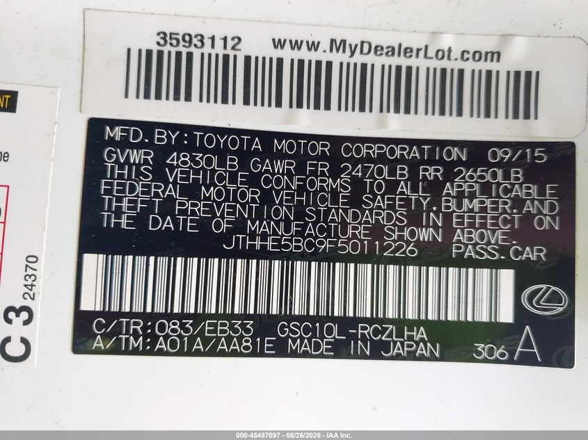 2015 Lexus Rc VIN JTHHE5BC9F5011226 IAAI salvage auction — LEFT SIDE, Salvage (North Carolina), sold $10,750 on 2026-08-20 (photo 9)