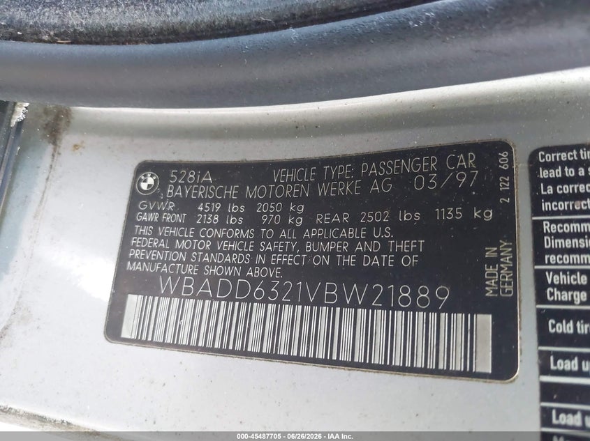 1997 BMW 5 series VIN WBADD6321VBW21889 IAAI salvage auction — MECHANICAL, Clear (Virginia), sold $300 on 2026-07-09 (photo 9)