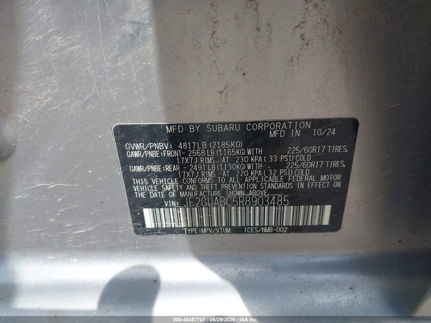2024 Subaru Xv VIN JF2GUABC5R8903485 IAAI salvage auction — FRONT END, Salvage Title, sold $3,050 on 2026-07-20 (photo 9)