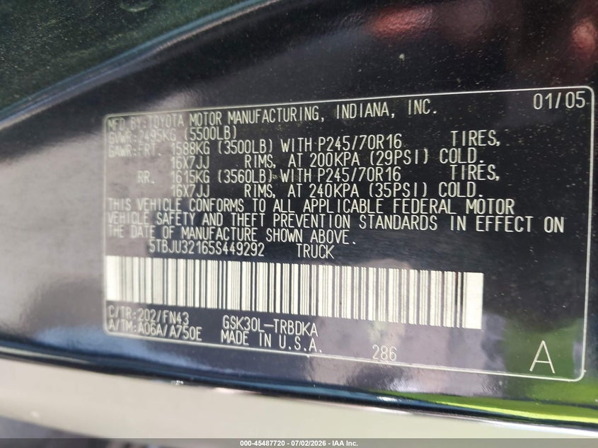 2005 Toyota Tundra VIN 5TBJU32165S449292 IAAI salvage auction — NORMAL WEAR, Clear-Dealer Only (Montana), sold $950 on 2026-07-20 (photo 9)