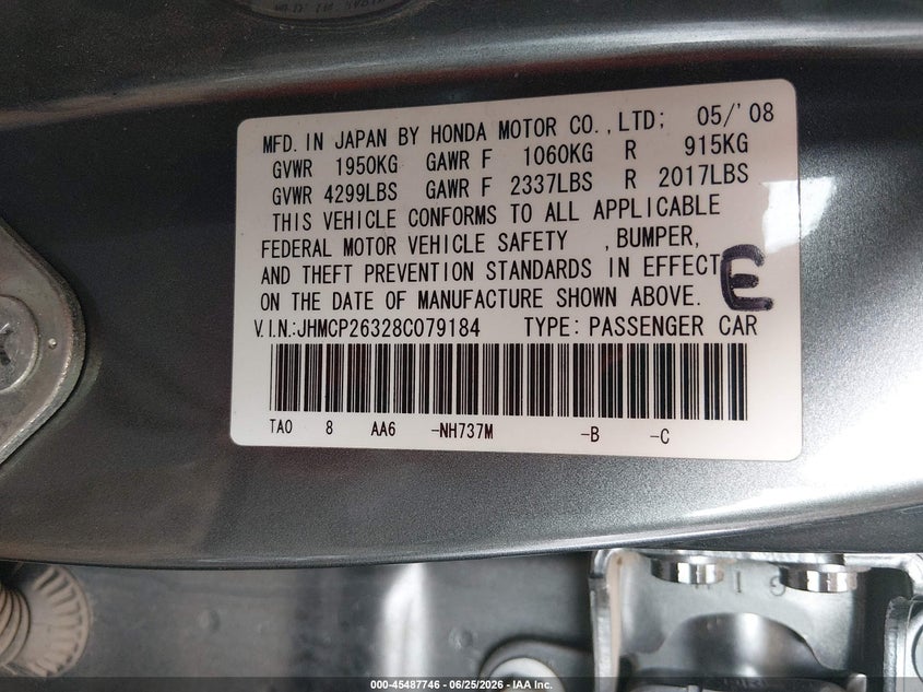 2008 Honda Accord VIN JHMCP26328C079184 IAAI salvage auction — NORMAL WEAR, Clear-Dealer Only (Georgia), sold $1,050 on 2026-07-07 (photo 9)