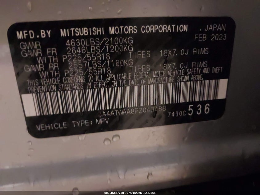 2023 Mitsubishi Eclipse cross VIN JA4ATWAA8PZ043488 IAAI salvage auction — RIGHT FRONT, Salvage (Minnesota), sold $6,300 on 2026-09-09 (photo 9)