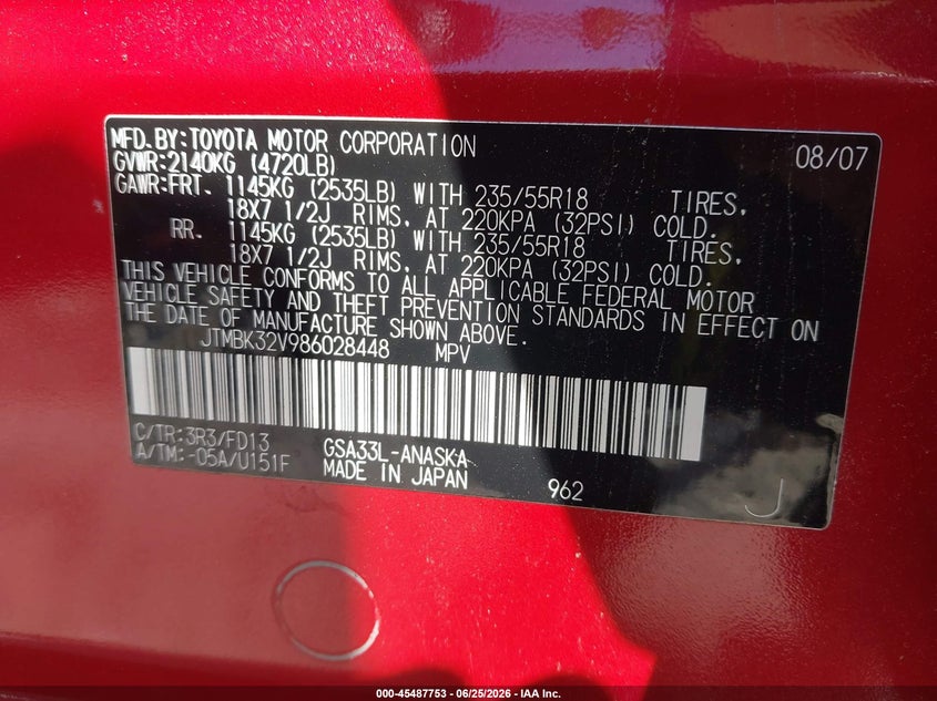 2008 Toyota Rav4 VIN JTMBK32V986028448 IAAI salvage auction — SUSPENSION, Salvage (Rhode Island), sold $25 on 2026-07-28 (photo 9)