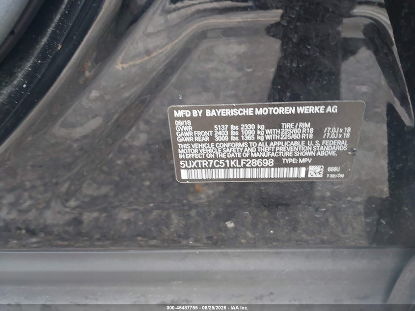2019 BMW X3 VIN 5UXTR7C51KLF28698 IAAI salvage auction — FRONT END, Rebuildable (Florida), sold $6,450 on 2026-07-29 (photo 9)