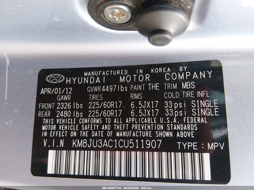 2012 Hyundai Tucson VIN KM8JU3AC1CU511907 IAAI salvage auction — NORMAL WEAR, Clear-Dealer Only (Arizona), sold $1,575 on 2026-07-07 (photo 9)