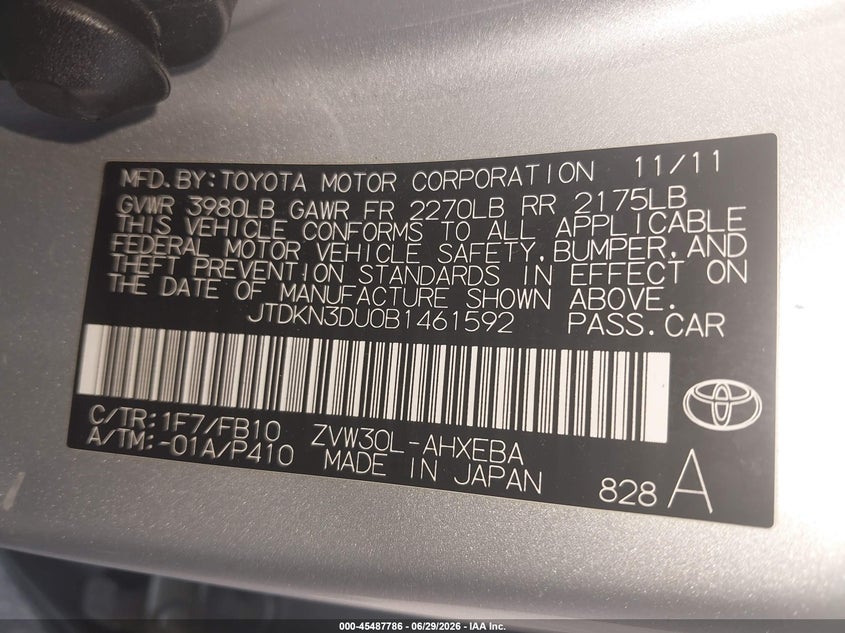 2011 Toyota Prius VIN JTDKN3DU0B1461592 IAAI salvage auction — NORMAL WEAR, Clear (Pennsylvania), sold $725 on 2026-07-10 (photo 9)