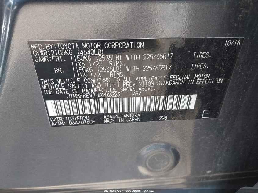 2017 Toyota Rav4 VIN JTMBFREV7HD202323 IAAI salvage auction — NORMAL WEAR, Clear (New York), sold $6,650 on 2026-07-14 (photo 9)