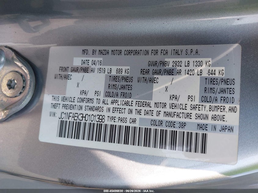 2017 Fiat 124 spider VIN JC1NFAEK3H0101398 IAAI salvage auction — REAR END, Salvage Certificate (California), sold $3,675 on 2026-07-31 (photo 9)