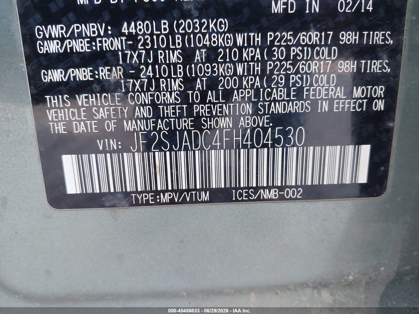 2015 Subaru Forester VIN JF2SJADC4FH404530 IAAI salvage auction — NORMAL WEAR, Original (Maine), sold $1,050 on 2026-07-06 (photo 9)