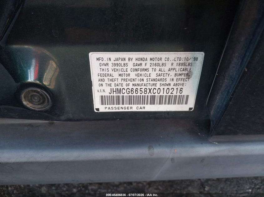 1999 Honda Accord VIN JHMCG6658XC010216 IAAI salvage auction — LEFT REAR, Salvage Certificate (California), sold $200 on 2026-07-10 (photo 9)