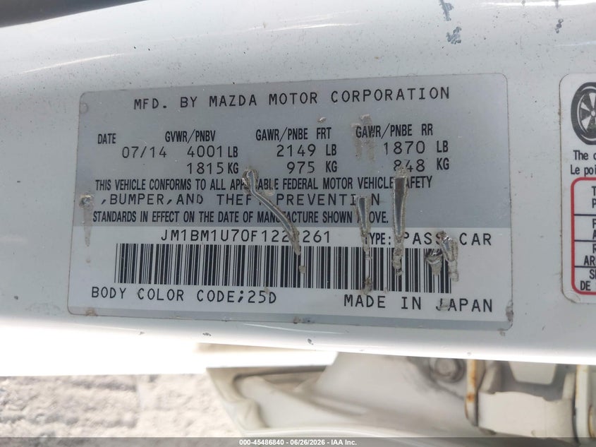 2015 Mazda 3 VIN JM1BM1U70F1222261 IAAI salvage auction — REAR END, Salvage (California), sold $2,250 on 2026-07-29 (photo 9)