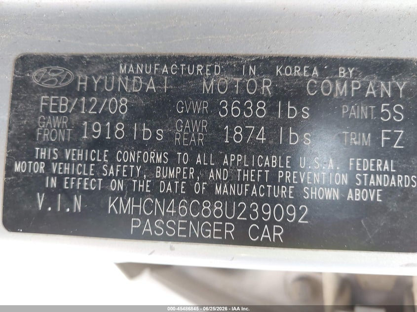 2008 Hyundai Accent VIN KMHCN46C88U239092 IAAI salvage auction — NORMAL WEAR, Clear (North Carolina), sold $400 on 2026-07-23 (photo 9)