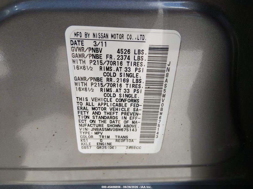 2011 Nissan Rogue VIN JN8AS5MV0BW675143 IAAI salvage auction — ROLLOVER, Non-Repairable (California), sold $225 on 2026-07-23 (photo 9)