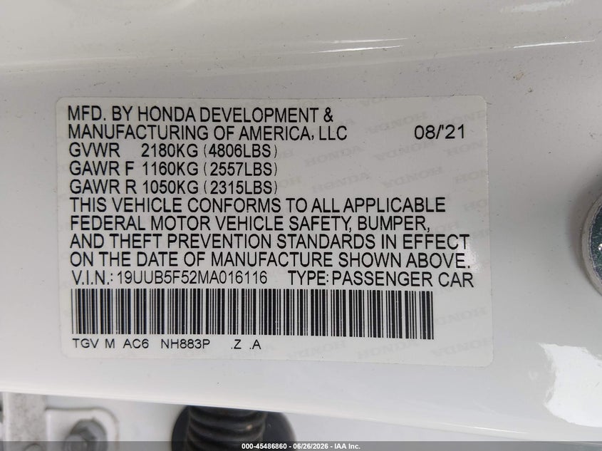 2021 Acura Tlx VIN 19UUB5F52MA016116 IAAI salvage auction — LEFT FRONT, Bill Of Sale (Washington), sold $8,200 on 2026-08-03 (photo 9)