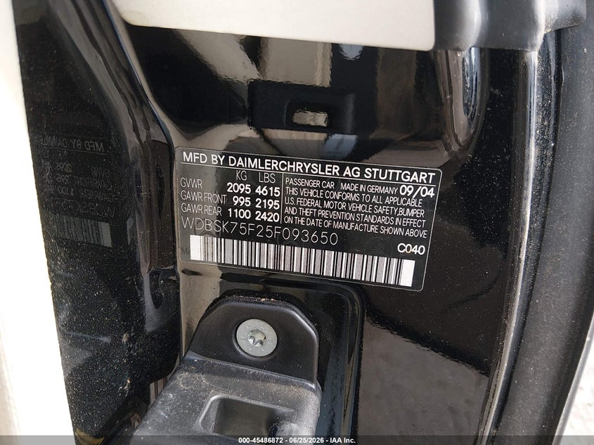 2005 Mercedes-benz Sl-klasse VIN WDBSK75F25F093650 IAAI salvage auction — NORMAL WEAR, Clear (Virginia), sold $2,750 on 2026-07-31 (photo 9)