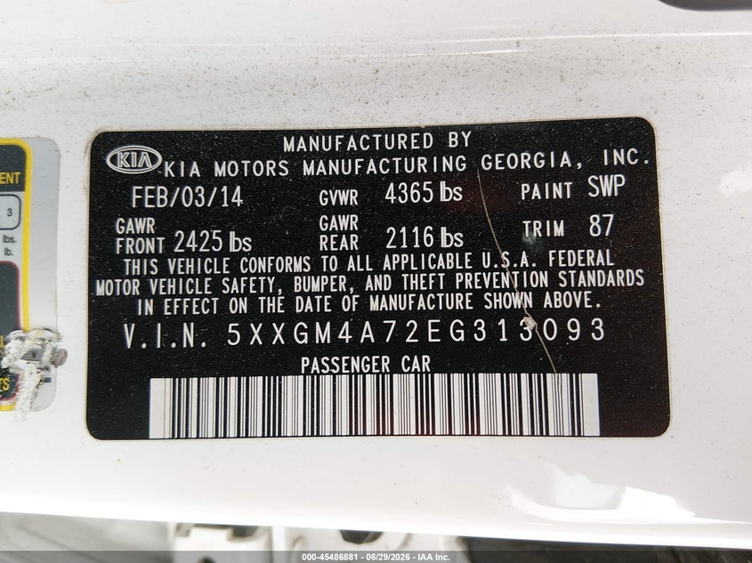 2014 Kia Optima VIN 5XXGM4A72EG313093 IAAI salvage auction — FRONT END, Salvage (California), sold $550 on 2026-07-14 (photo 9)