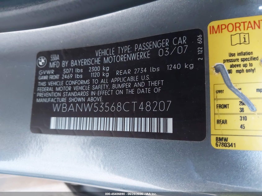 2008 BMW 5 series VIN WBANW53568CT48207 IAAI salvage auction — NORMAL WEAR, Salvage (California), sold $350 on 2026-07-28 (photo 9)