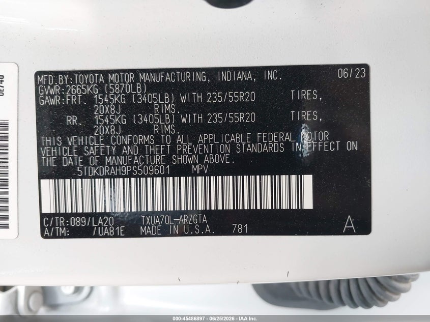 2023 Toyota Highlander VIN 5TDKDRAH9PS509601 IAAI salvage auction — FRONT END, Salvage (California), sold $2,050 on 2026-07-29 (photo 9)